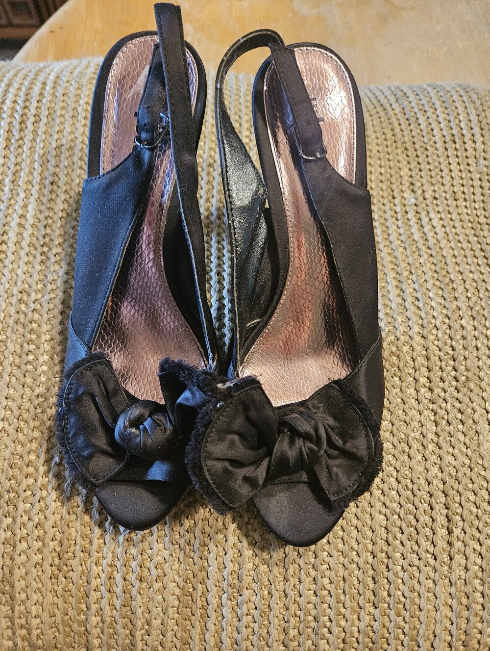 Unlisted Black Satin Peep-Toe Slingback Heels with Bow Accent
